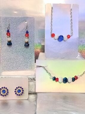 Handcrafted Blue, Red & White Beaded Necklace and Earring Set